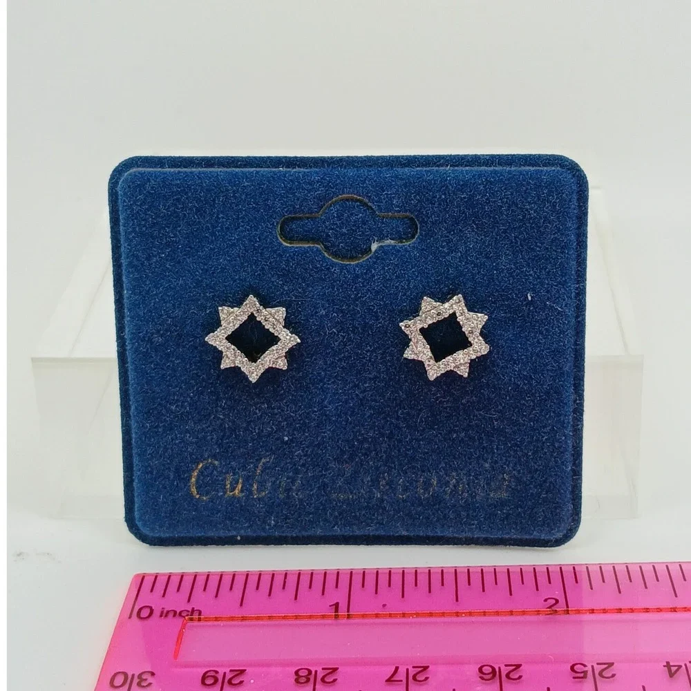 Vintage 1990s Cubic Zirconia Geometric Star Stud Earrings Silver Tone New‎